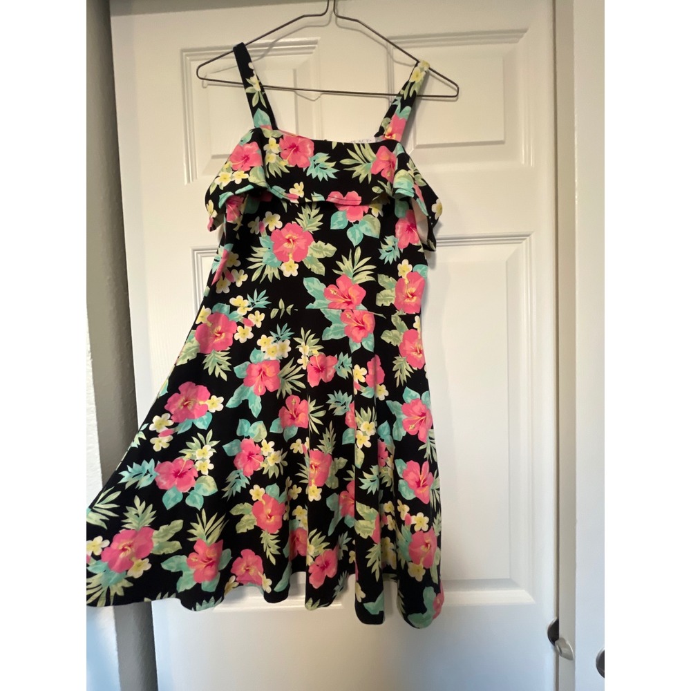 The Childrens Place Girls Tropical Floral Print Dress Size XXL 16 Black Pink